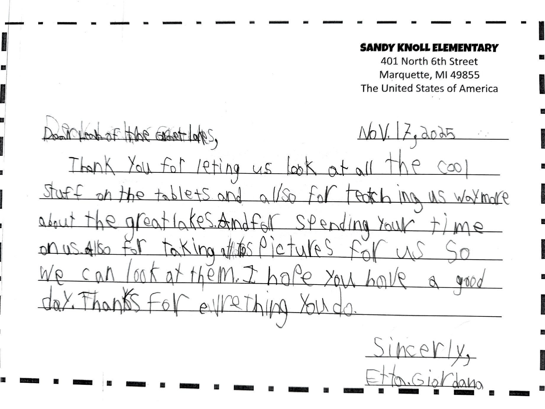 Thank-you letter 9 of 11 from Sandy Knoll Elementary