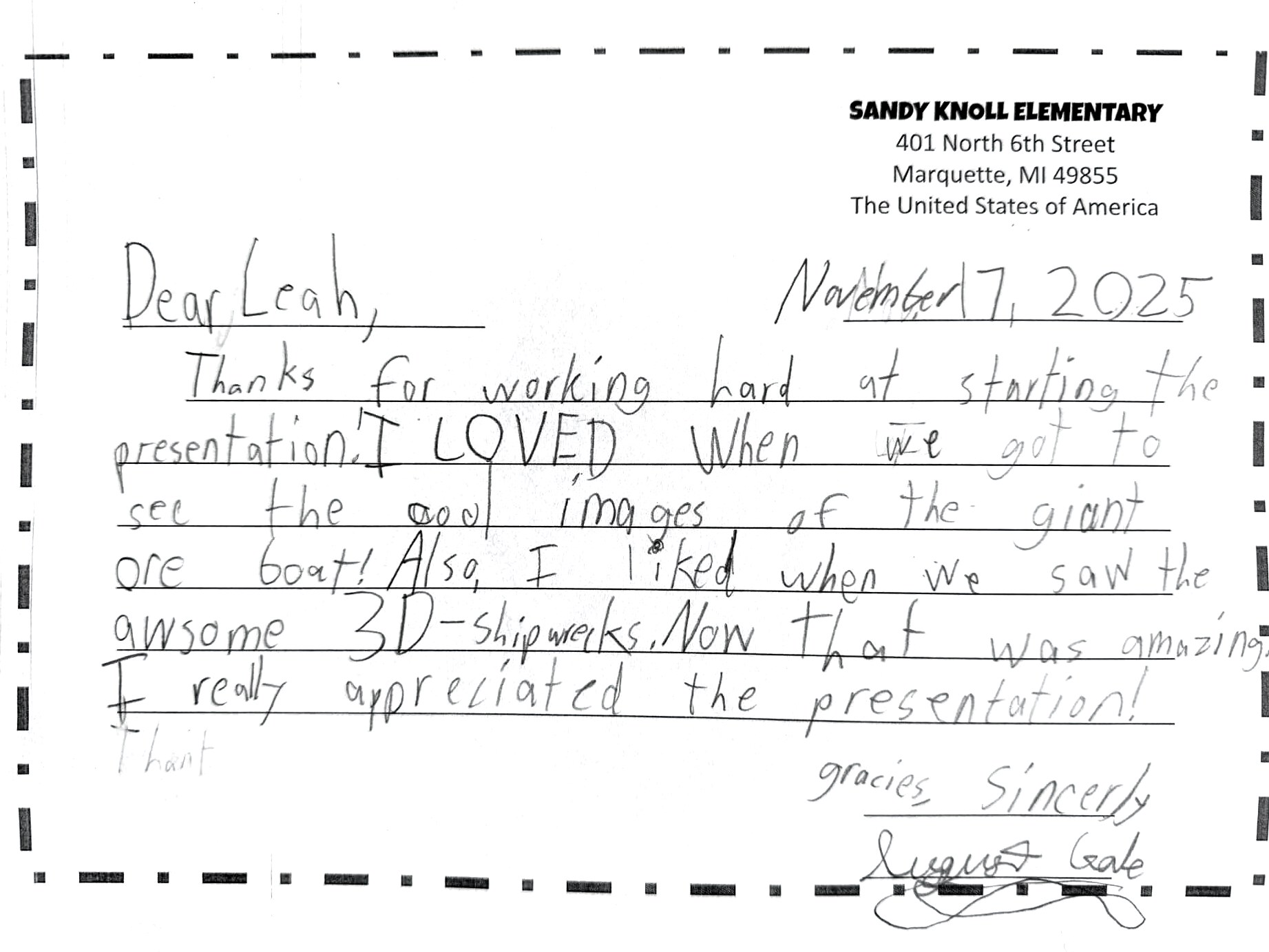 Thank-you letter 1 of 11 from Sandy Knoll Elementary