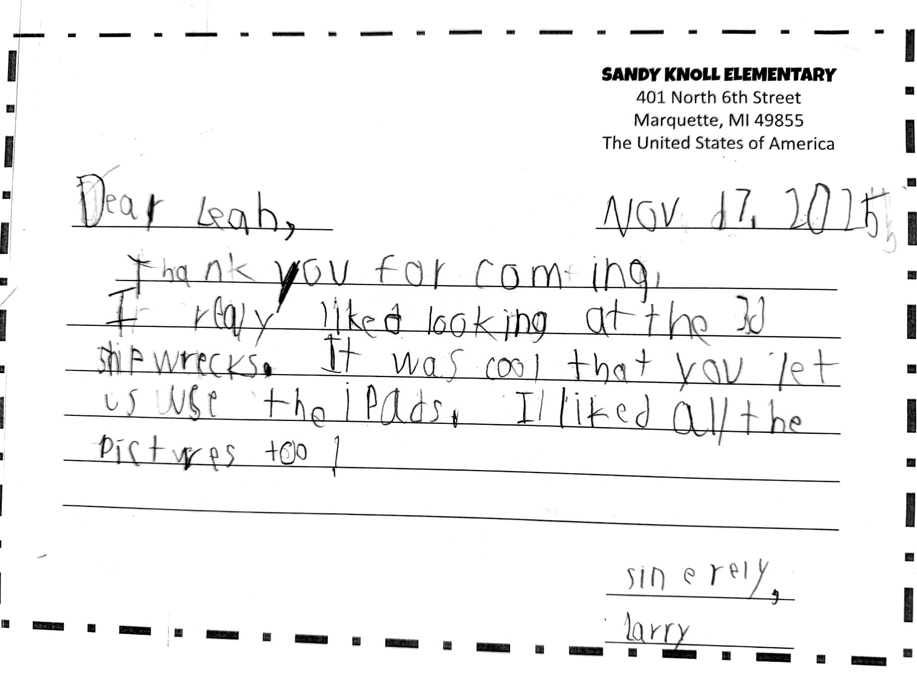 Thank-you letter 2 of 11 from Sandy Knoll Elementary