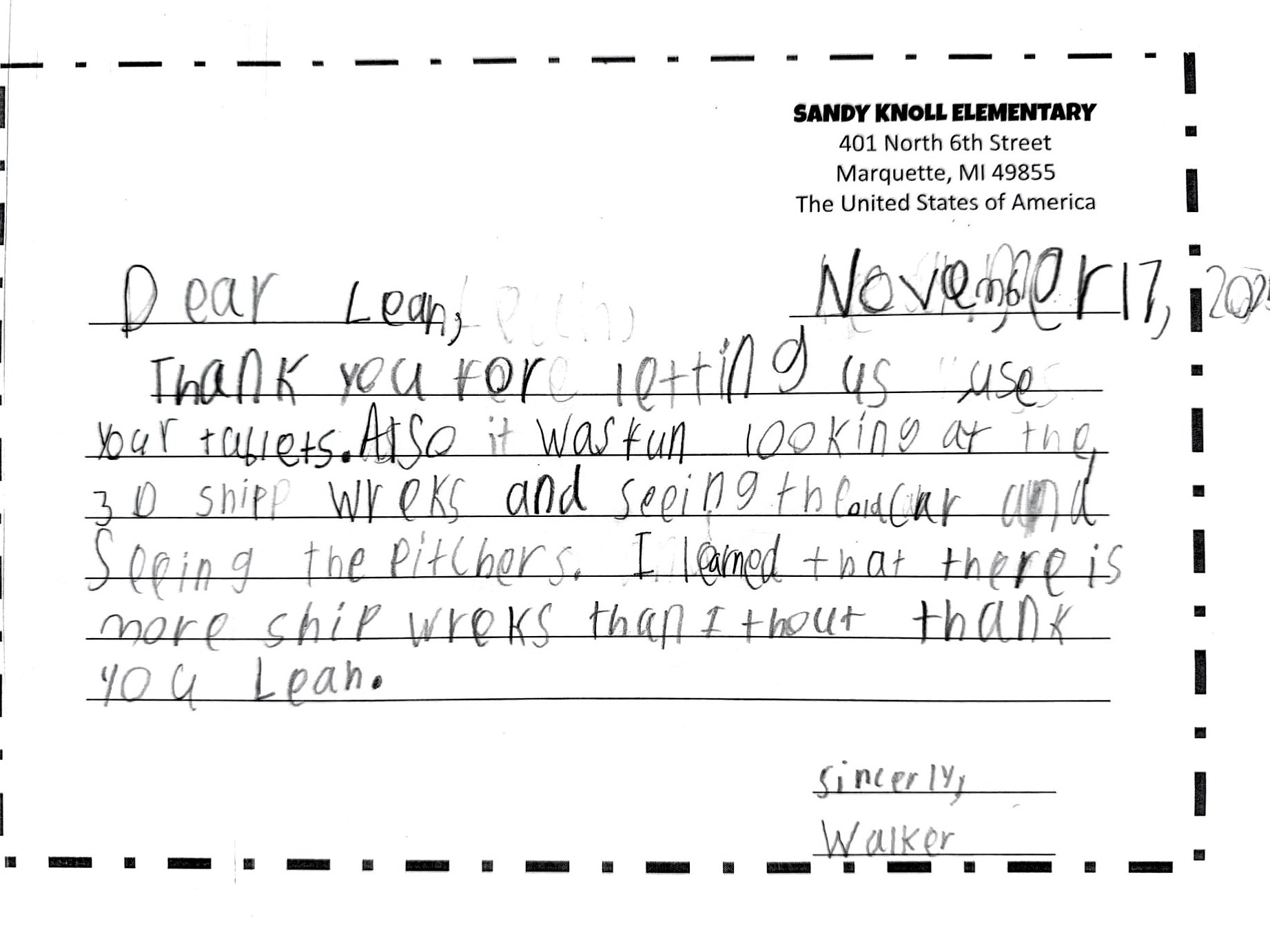 Thank-you letter 5 of 11 from Sandy Knoll Elementary