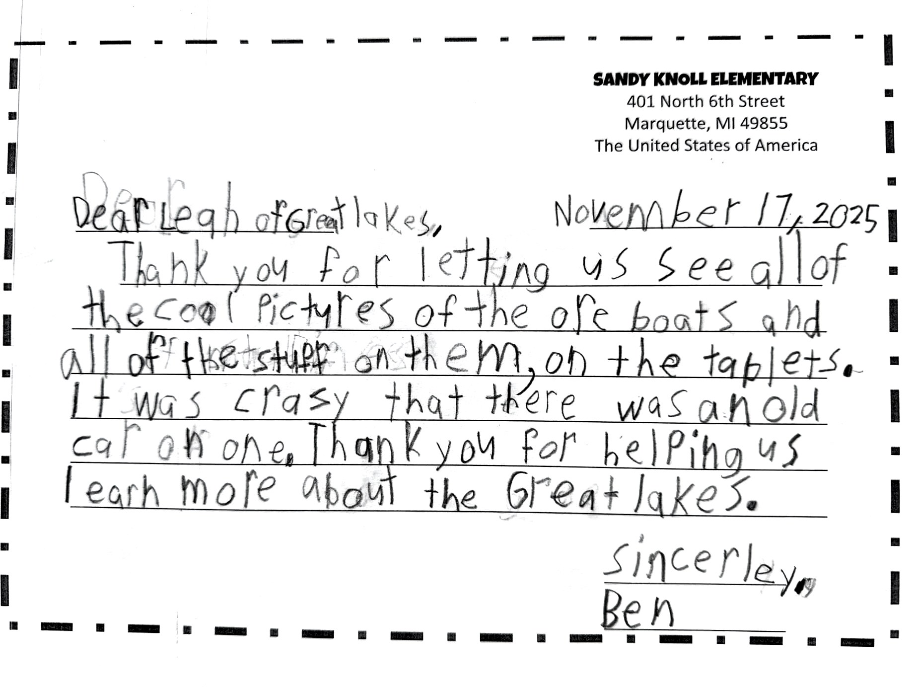 Thank-you letter 8 of 11 from Sandy Knoll Elementary