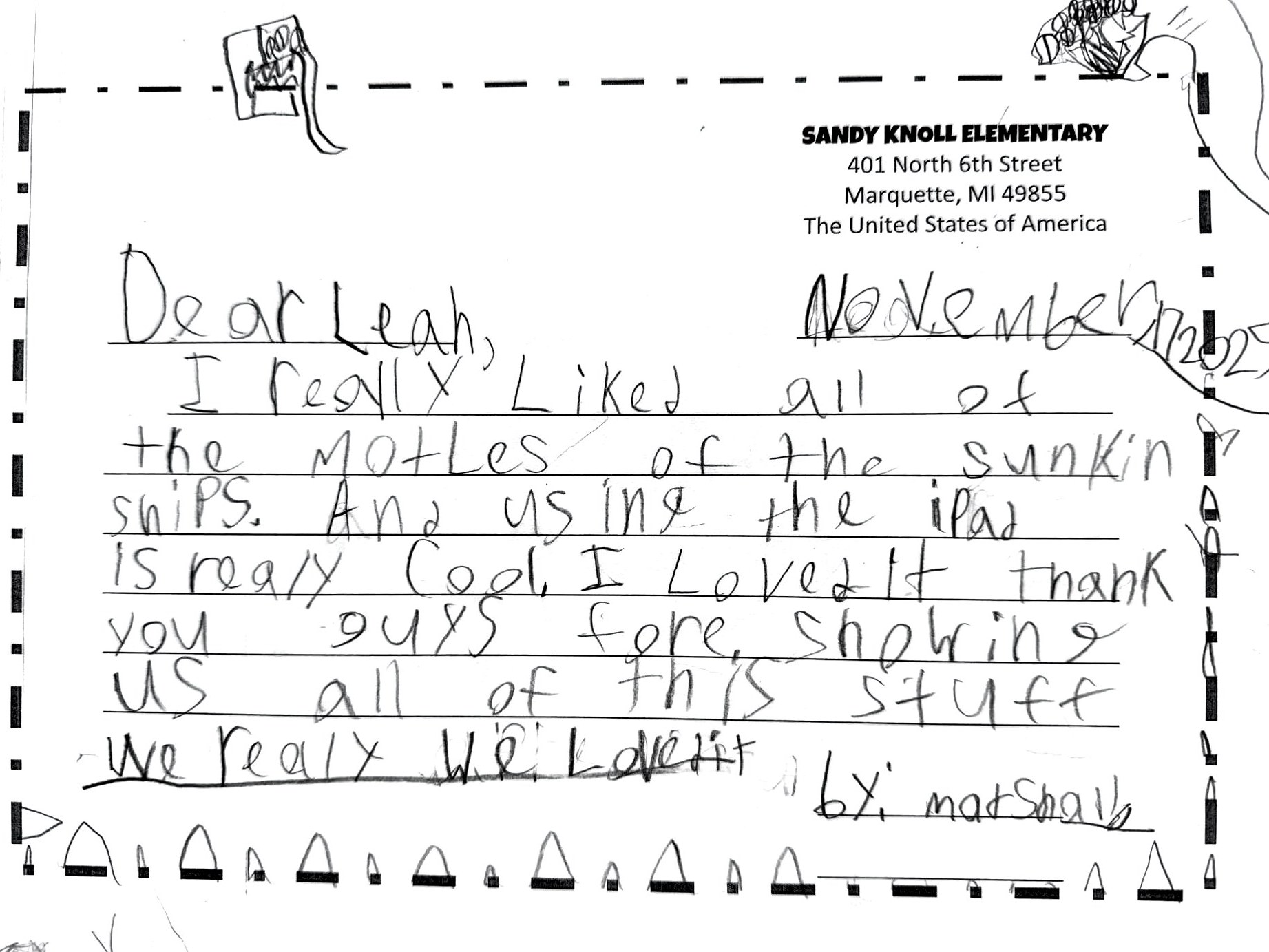 Thank-you letter 4 of 11 from Sandy Knoll Elementary