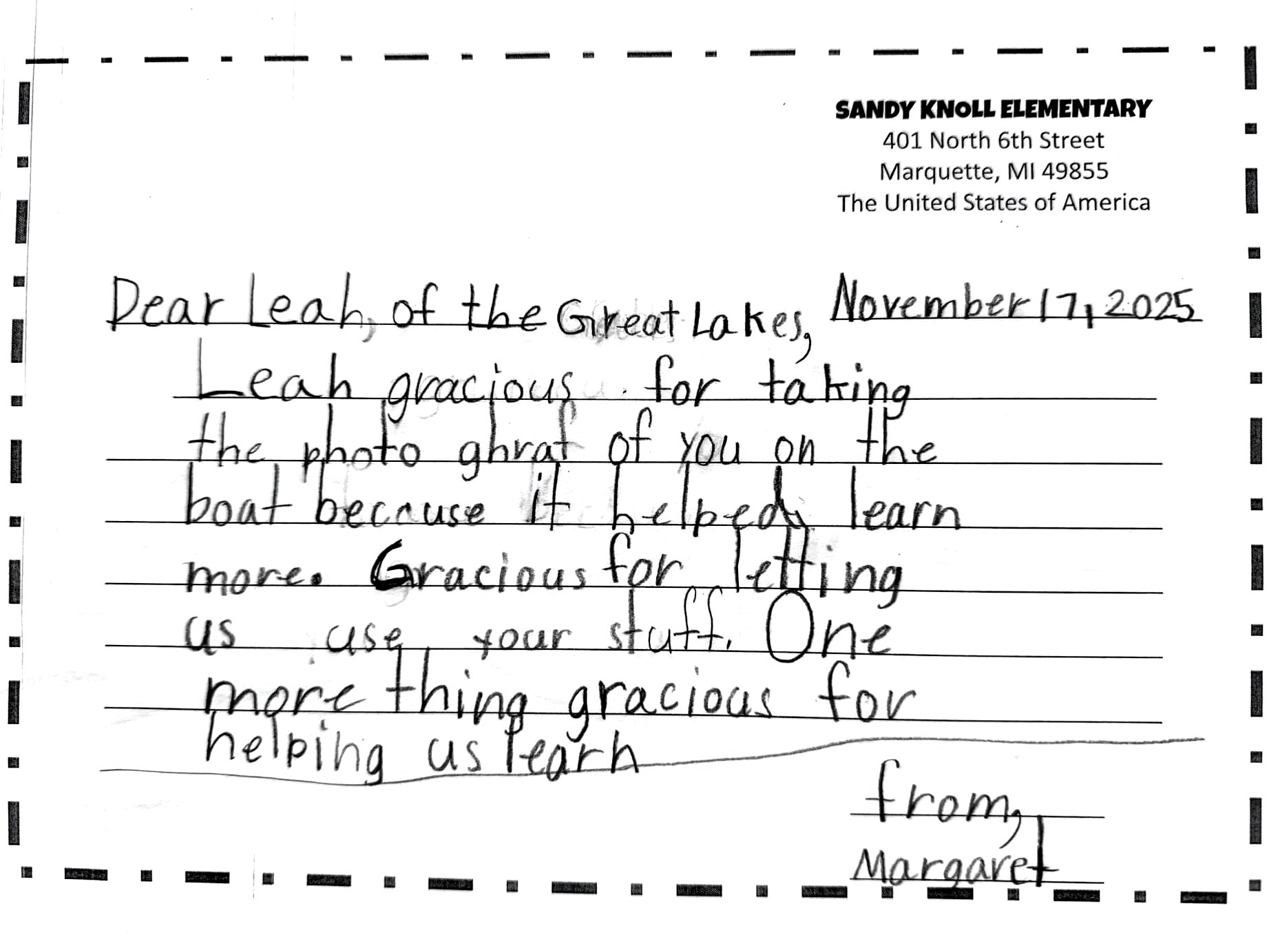 Thank-you letter 11 of 11 from Sandy Knoll Elementary