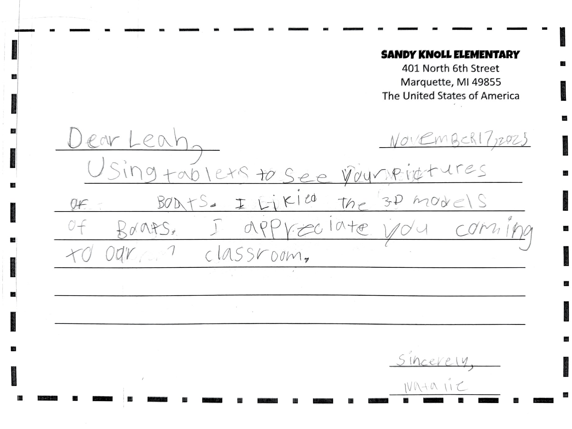 Thank-you letter 6 of 11 from Sandy Knoll Elementary