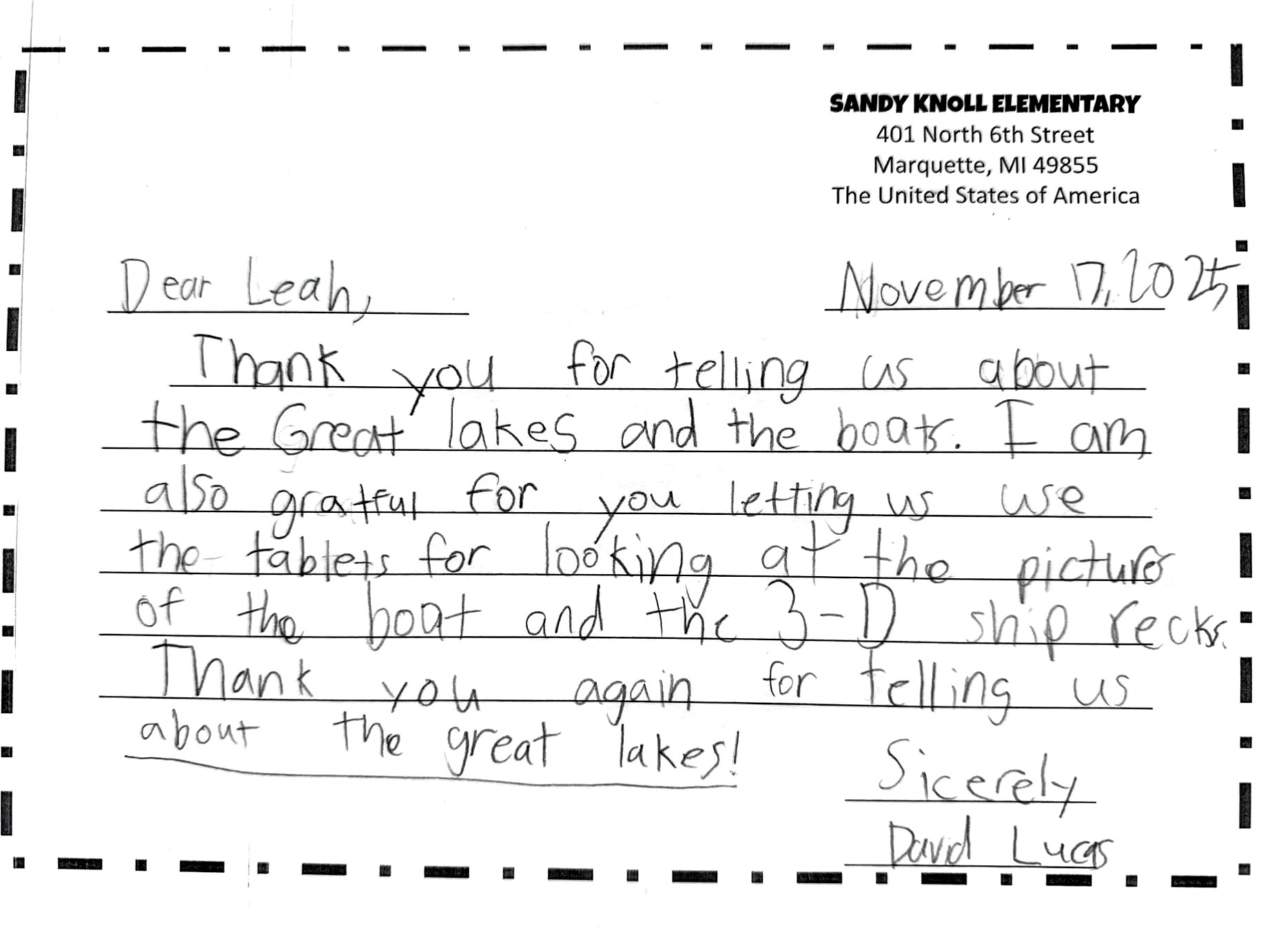 Thank-you letter 3 of 11 from Sandy Knoll Elementary