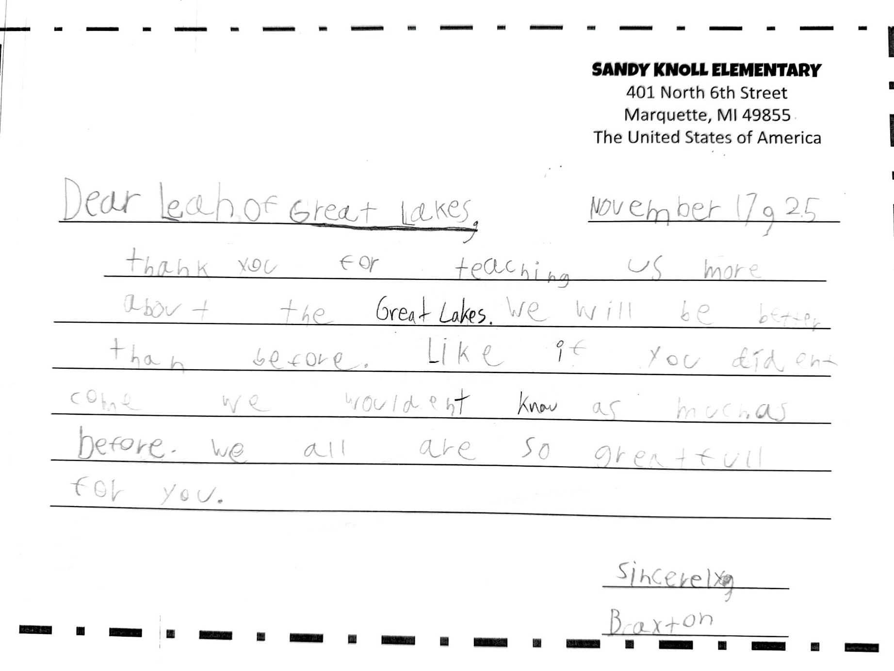 Thank-you letter 10 of 11 from Sandy Knoll Elementary