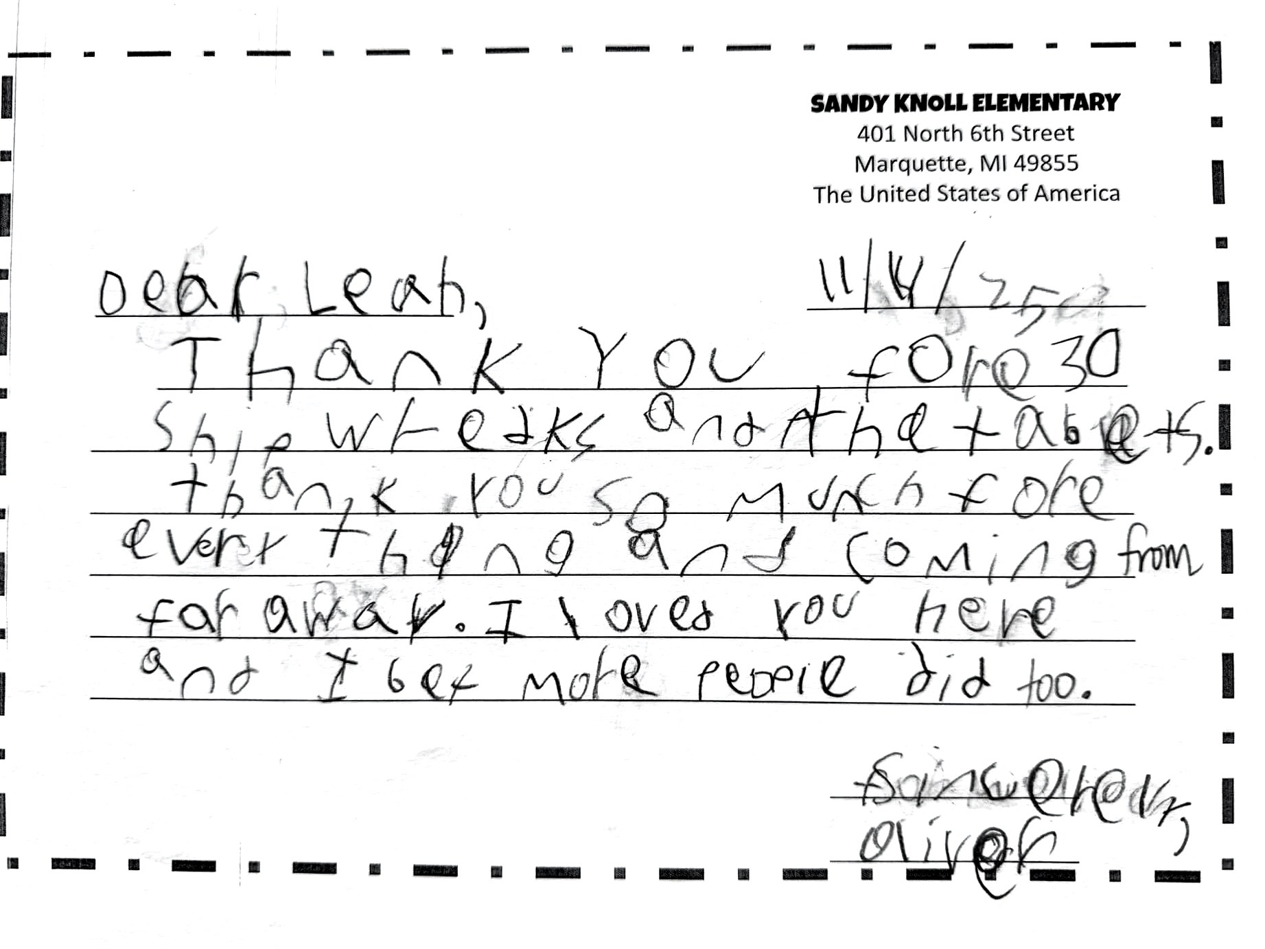 Thank-you letter 7 of 11 from Sandy Knoll Elementary